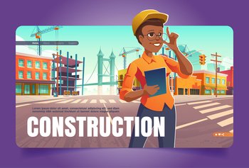 Construction banner with woman engineer on city street with building works. Vector landing page with cartoon illustration of cityscape with construction site, tower cranes and girl architect in helmet. Construction banner with woman engineer