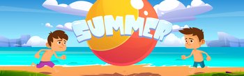 Summer beach with kids playing ball cartoon banner. Boys outdoor fun at sea shore, family vacation and holidays leisure on ocean coastline, friends or brothers games and recreation vector illustration. Summer beach with kids playing ball cartoon banner