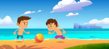 Kids playing ball at summer beach, boys play at sea shore, outdoor fun, family vacation and holidays leisure on ocean coastline, friends or brothers games and recreation, Cartoon vector illustration. Kids playing ball at summer beach boys play at sea