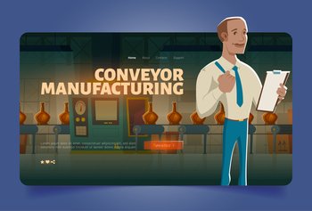Conveyor manufacturing banner with automatic belt at factory and worker with clipboard. Vector landing page of mass production line with cartoon illustration of man and bottles on conveyor belt. Manufacturing process, conveyor belt at factory