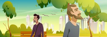 Men walk in city park. Summer landscape of public garden with green trees and grass, wooden bench and town on skyline. Vector cartoon illustration of people walking outdoor. Summer landscape of city park with walking men