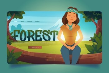 Forest cartoon landing page, woman enjoying nature, relaxed hippie girl sitting on tree log with closed eyes on beautiful mountain landscape background. Summertime wood recreation, Vector web banner. Forest cartoon landing page, woman enjoying nature