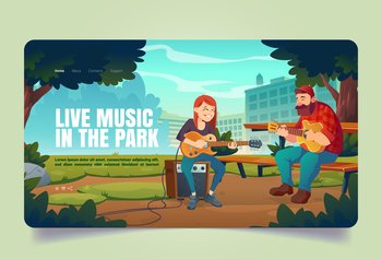Live music in park banner. People with acoustic and electric guitars perform outdoor. Vector landing page of open air concert with cartoon illustration of musicians play in summer public garden. Banner with people play music in city park