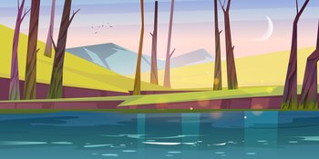 Calm landscape with river, green grass, bare trees and mountains at morning. Vector cartoon illustration of nature scene of lake or pond in spring forest, rocks on horizon and moon in sky after sunset. Calm landscape with river, trees and mountains