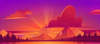 Sunset in mountains scenery landscape, nature view. Beautiful pink or purple cloudy sky and dusk sun rays shining behind of rock peak over water pond and field, cartoon background, vector illustration. Sunset in mountains scenery landscape, nature view
