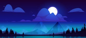 Night landscape with lake, mountains and trees silhouettes on coast. Vector cartoon illustration of nature scenery with coniferous forest on river shore, rocks, moon, clouds and stars in sky. Night landscape with lake, mountains and trees