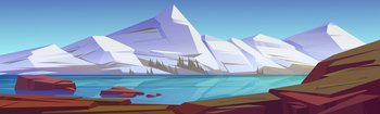 Mountains pond or lake nature landscape, scenery view. White snowy rocks peaks and calm clear water surface under blue sky tranquil parallax background, natural 2d scene, Cartoon vector illustration. Mountains pond or lake nature scenery landscape