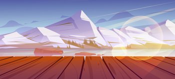 Mountains pond or lake nature landscape, scenery view from wooden pier. Tranquil background white snowy rock peaks and calm clear water under blue sky natural 2d scene, Cartoon vector illustration. Mountains pond or lake view from wooden pier.