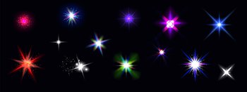 Color shine effects, flash lights with sparkles and glow rays isolated on black background. Vector realistic set of bright glare, white, red, blue and rainbow star flare with shiny beams and glitter. Color shine effects, flash lights with sparkles