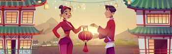 Chinese people celebrate lunar New Year in China village. Man and woman in traditional costumes holding red lantern on Asian street with oriental houses and garlands decor, Cartoon vector illustration. Chinese people celebrate New Year in China village