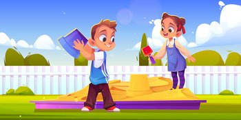 Kids play in sandbox with bucket and shovel on backyard. Vector cartoon illustration of summer garden or park with boy and girl building castle in sand box on playground. Kids play in sandbox on backyard