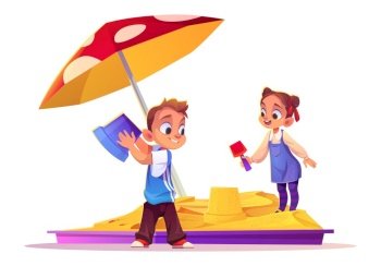 Children playing in sand box, little boy and girl building castle in sandbox using bucket and shovel toys. Kids outdoor fun, summer recreation, leisure, activity isolated, Cartoon vector illustration. Children playing in sand box, kids building castle