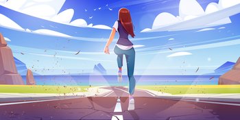 Woman run, sport workout, girl running by road with mountains around and ocean landscape rear view. Female character fitness, jogging exercise or marathon, outdoor training Cartoon vector illustration. Woman run, sport workout, girl running by road