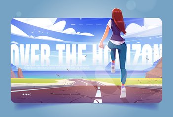Woman runs on road to sea beach. Concept of reach goals in career and life. Vector landing page with slogan Over the horizon and cartoon illustration of running girl and sea coast landscape. Woman runs on road to sea beach