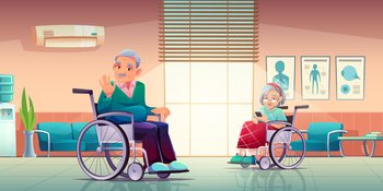Senior disabled man and woman on wheelchair in nursing home or hospital. Old lady wrapped in plaid use phone, grey haired pensioner waving hand, helping to elderly people Cartoon vector illustration. Senior disabled man and woman sit on wheelchair