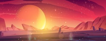 Alien planet landscape, dusk or dawn desert surface with mountains, rocks and sun shining on red and orange starry sky. Space extraterrestrial computer game background, cartoon vector illustration. Alien planet landscape dusk or dawn desert surface