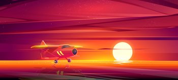 Small airplane at sunset ocean landscape, crop duster plane flying low over sea surface in red dusk sky. Private aircraft, civil aviation cropduster machine with propeller, Cartoon vector illustration. Small airplane at sunset ocean cartoon landscape
