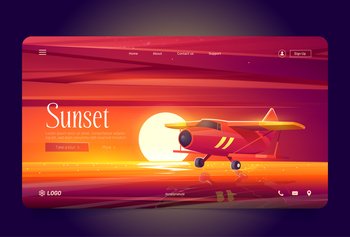 Red airplane fly over water at sunset. Vector landing page of flights with cartoon illustration of evening landscape with lake, sea or river, sun on horizon and biplane in air. Banner with red airplane fly over water at sunset