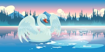 Swan on lake morning nature landscape, scenery view with beautiful white bird swim at calm pond with mountains and conifers trees under pink sky with fluffy clouds. Cartoon parallax vector background. Swan on lake morning nature landscape scenery view