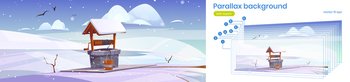 Parallax background winter 2d landscape with old stone well with drinking water on snowy hill. Wintertime nature cartoon scenery view with separated layers, animation for game, Vector illustration. Parallax background winter 2d landscape stone well