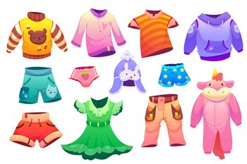 Kids fashion clothes for boys and girls. Vector cartoon set of cute children garment, t-shirts, shorts, dress, sweaters, pajamas in shape of unicorn, hat and pants isolated on white background. Kids fashion clothes for boys and girls