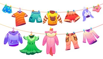 Kids fashion garment for boys and girls hanging on clothes line. Vector cartoon illustration of cute children apparel, t-shirts, shorts, dress, pajamas in shape of unicorn, sweaters, hat and pants. Kids fashion garment on clothes line