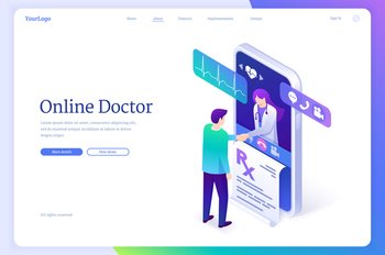 Doctor online isometric landing page, telehealth service, distance medicine application for mobile phone. Physician medic shaking hands with patient from huge smartphone screen, 3d vector web banner. Doctor online isometric landing page, telehealth