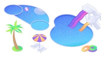 Isometric swimming pool, slides, palm tree and umbrella with chaise lounges, inflatable rings and ball. Summer beach or hotel items for waterpark fun entertainment, 3d vector illustration, icons set. Isometric swimming pool, slides, palm tree set