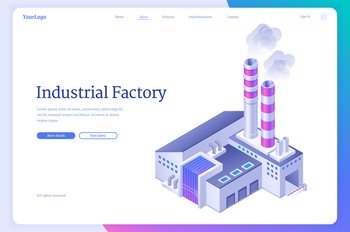 Industrial factory banner. Power station, manufacturing facility or production plant. Vector landing page with isometric manufactory exterior with chimney pipes and smoke clouds. Industrial factory, power station, manufactory