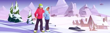 Young couple on ski resort, man and woman in winter clothes hugging at snowy hill with mountains, cottages and funicular background, people relaxing, outdoor activity, Cartoon vector illustration. Young couple on ski resort, outdoor activity.