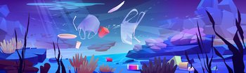 Plastic garbage on ocean bottom. Sea floor with different kinds of trash. Package wastes, bags, bottles floating in water. Ecology protection, underwater pollution concept, Cartoon vector illustration. Plastic garbage on ocean bottom, water pollution