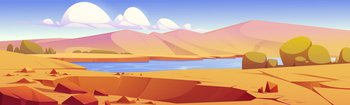 Crater in desert oasis with river, sand dunes and plants cartoon landscape. Vector parallax background for game with deep hole sandy ground after meteor or asteroid impact. Sahara panoramic scene. Crater in desert oasis with river, sand and plants
