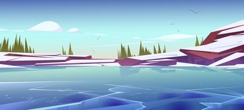 Frozen pond or lake scenery nature landscape. Winter view with rocks, fir-trees and gulls in blue sky. Water surface covered with slippery ice tranquil panoramic background Cartoon vector illustration. Frozen pond or lake scenery nature landscape.