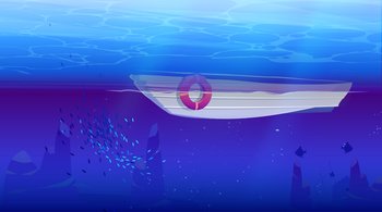 Underwater sea landscape with school of fish and boat. Vector cartoon illustration of bottom view to water surface of ocean, lake or river and white ship or yacht with lifebuoy. Underwater sea landscape with fish and boat