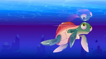 Cartoon turtle sea animal, cute marine tortoise character at ocean underwater background swimming close to water surface. Funny reptile, wild creature, personage for game or book, Vector illustration. Cartoon turtle sea animal, cute marine tortoise