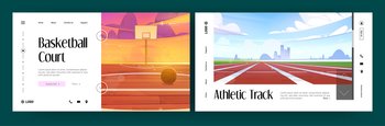 Basketball court and athletic track banners. Vector landing pages of sport grounds with cartoon illustration of empty stadium with running lane and field with ball and hoop. Basketball court and athletic track banners