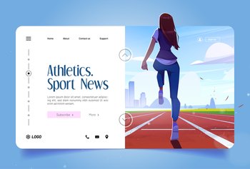 Athletics banner with girl jogging on race track on stadium. Vector landing page of sport news with cartoon illustration of woman training on red running lane. Athletics banner with girl jogging on run track
