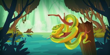 Exotic tropical snake on tree in jungle with pond. Vector cartoon illustration of rainforest landscape with river or swamp with water lily and Trimeresurus Salazar, green and yellow serpent. Exotic tropical snake on tree in jungle with pond