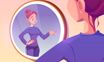 Young woman bump fist with her own reflection in mirror. Girl best friend of herself, self love, team, respect and friendship. Positive teenager fistbump gesture, Cartoon vector illustration. Young woman bump fist with her own reflection