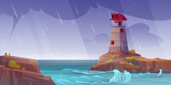 Lighthouse on rock island in sea in storm. Vector cartoon illustration of ocean shore landscape with beacon building on cliff, rain and waves. Seascape with nautical navigation tower at rainy weather. Lighthouse on rock island in sea in storm