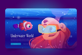Underwater world cartoon landing page, scuba diver girl wear glasses look on clown fish in sea. Young woman explore ocean fauna, snorkeling recreation, diving, learning undersea life Vector web banner. Underwater world cartoon landing page, diving