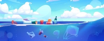 Plastic garbage floating on ocean water surface. Sea with different kinds of trash. Package wastes, bags, bottles in aqua. Ecology protection, underwater pollution concept, Cartoon vector illustration. Plastic garbage floating on ocean water surface