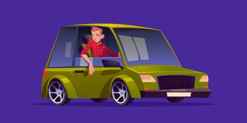 Man sitting in the car, driver cartoon character wear red chequered shirt sitting at green sedan automobile helm looking through open window. Isolated male personage, vehicle owner Vector illustration. Man sitting in the car, driver cartoon character