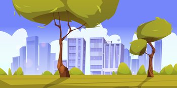City park, summer or spring time scenery landscape, cityscape background, empty public place for walking and recreation with green trees and lawn. Urban garden panoramic Cartoon vector illustration. City park, summer or spring time scenery landscape