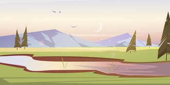 Early morning cartoon scenery landscape with green fields of meadows and river flowing across the vast lands, mountains, fir trees under pink cloudy sky with birds and crescent, Vector illustration. Early morning cartoon scenery landscape, meadows