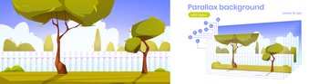 Parallax background house backyard with green trees, bushes, grass lawn and white wooden fence. Summer cottage garden landscape, patio with separated layers for 2d game animation, Vector illustration. Parallax background house backyard with trees
