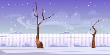 Winter landscape of backyard with bare trees, fence, white snow and wind. Vector cartoon illustration of empty yard, garden or park with snowy lawn, fencing and blizzard. Winter landscape of backyard with snow