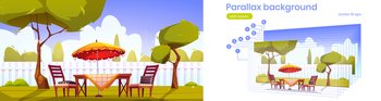 Backyard with furniture for picnic on lawn. Vector parallax background for 2d animation with cartoon summer landscape of patio or garden with fence, table, chairs, umbrella, green trees and grass. Parallax background with backyard with furniture