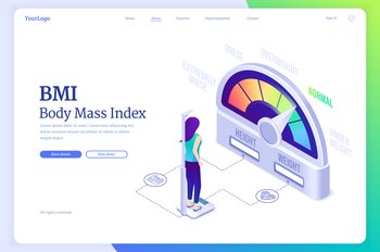 Bmi, body mass index isometric landing page. Women weigh near obese chart scale with extremely, overweight and normal indicators, female characters on diet using weight control, 3d vector web banner. Bmi, body mass index isometric landing page banner
