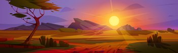 Sunset at African savannah landscape, wild nature of Africa evening view, cartoon background with green tree, rocks and plain grassland field under dusk sky. Kenya panoramic scene, Vector illustration. Sunset at African savannah landscape, wild nature